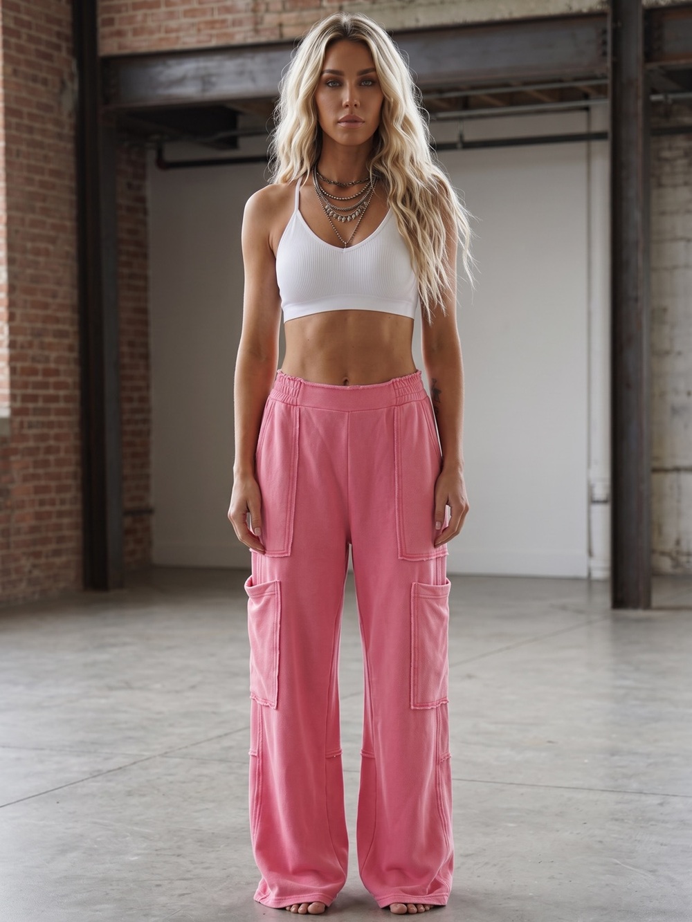 NWT Double Zero Candy Pink Cargo Wide Leg Sweatpants Pants - Picture 3 of 5